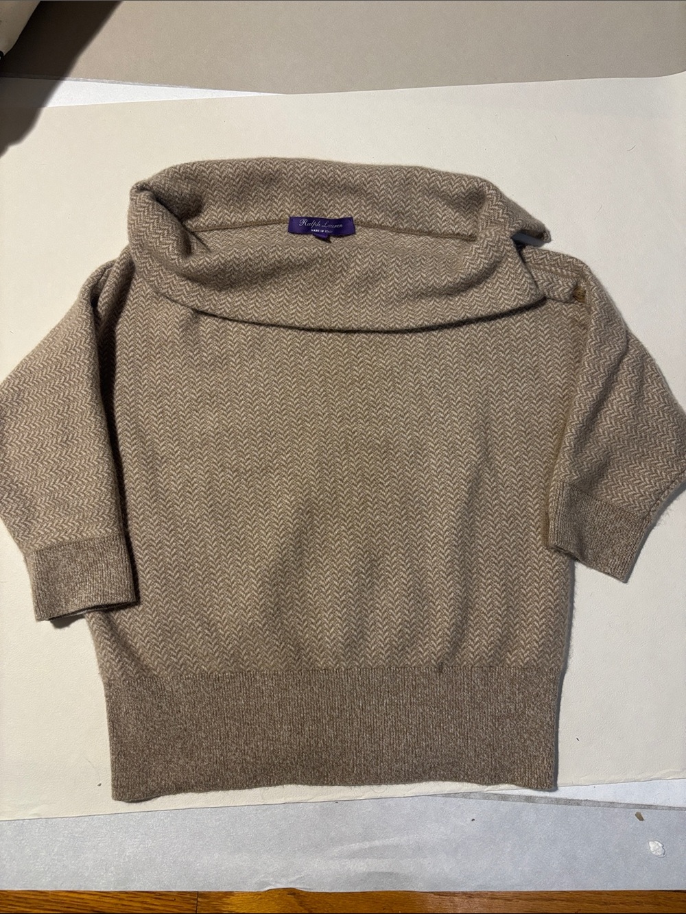 Ralph Lauren Purple Label vintage Taupe Cowl-Neck cashmere Herringbone Sweater